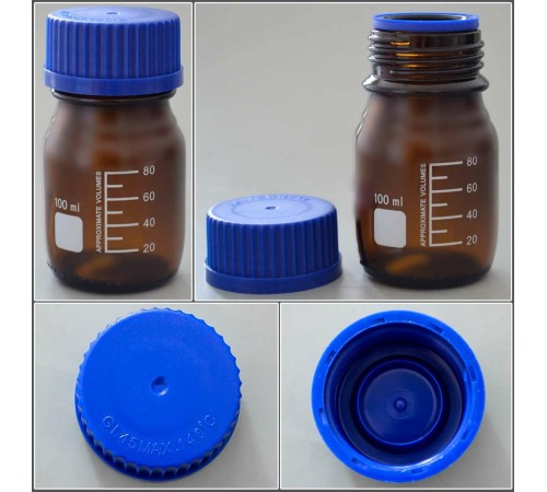 Банка лабораторная стеклянная 100 мл, с делениями, с навинчив. крышкой, темное стекло, уп. 96,120 шт